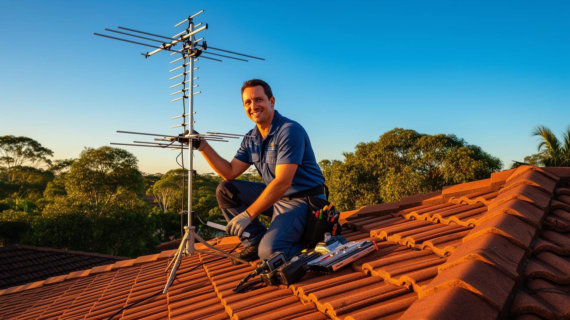 Express Antenna Services technician installing a digital TV antenna on a Brisbane home